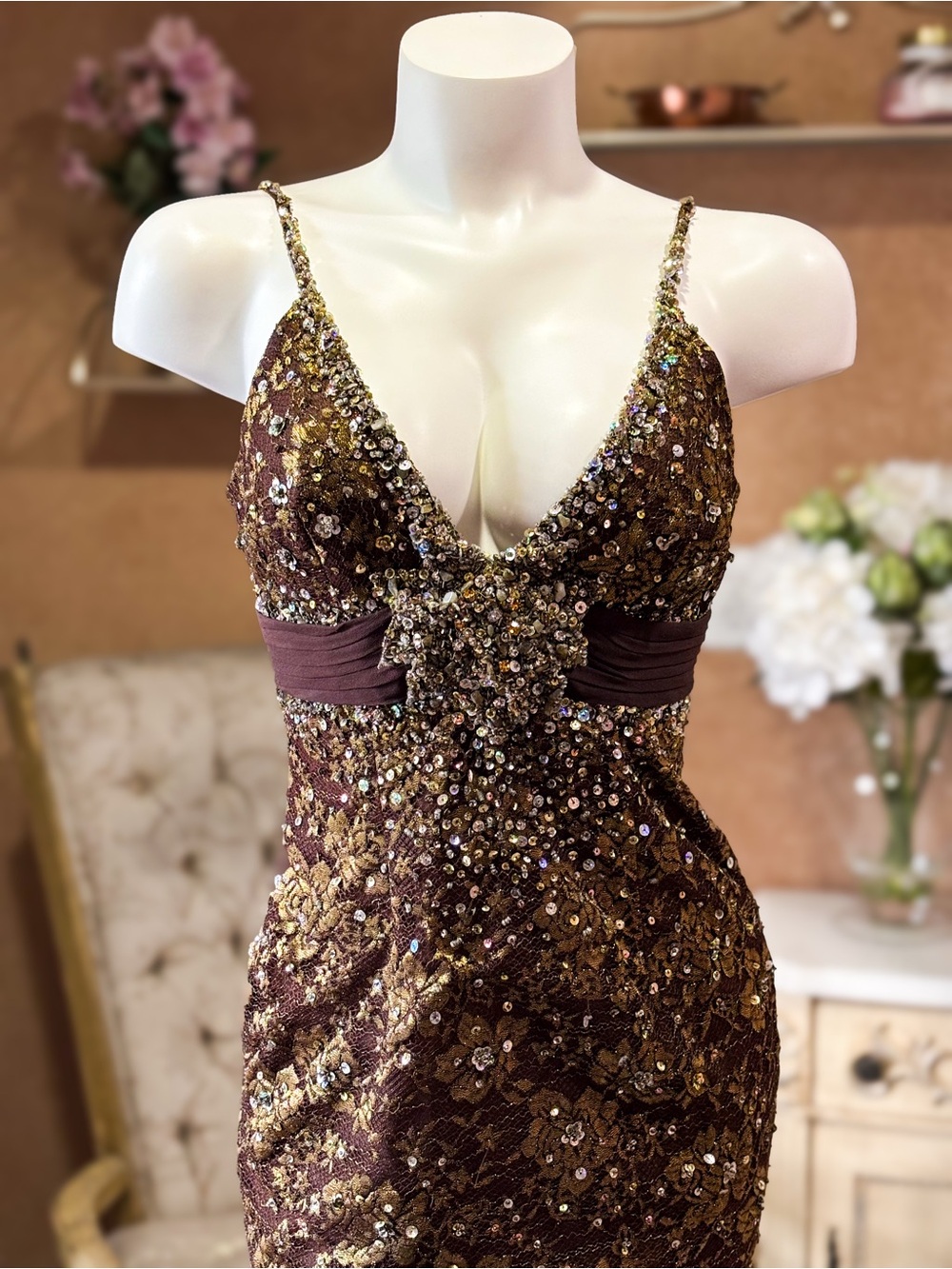 Rare Mandalay Starburst Beaded Dress Bronze Kim Kardashian Y2K Glam S